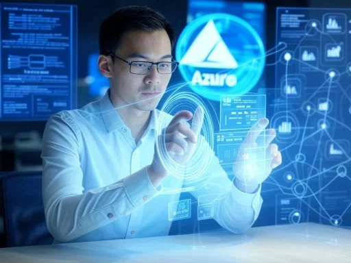 A man interacts with futuristic holographic digital interfaces featuring the Azure logo, data charts, and network visuals. A man interacts with futuristic holographic digital interfaces featuring the Azure logo, data charts, and network visuals.