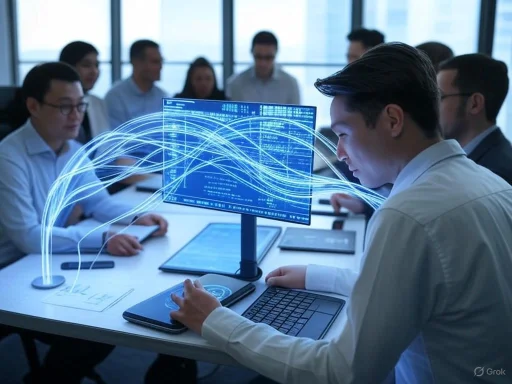A business meeting with a futuristic digital interface displaying data and connections on a computer in the foreground.