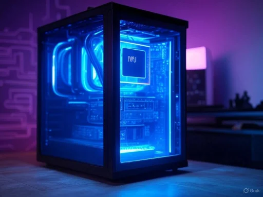 A gaming or high-performance computer tower with glowing blue LED lights inside, placed in a modern room.