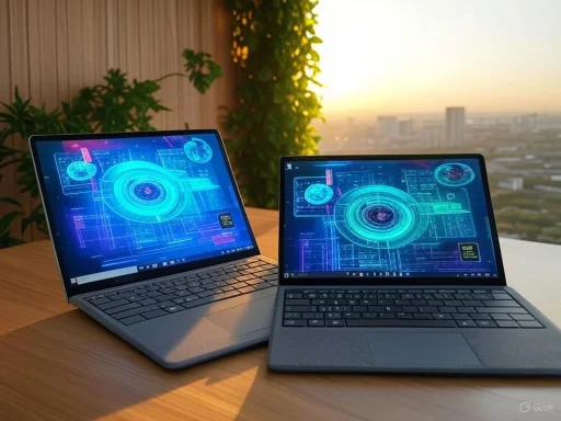 Two laptops on a wooden desk display futuristic digital interfaces with a cityscape view in the background.