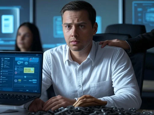 A serious man in a white shirt sits at a desk with a laptop, while another person touches his shoulder in a high-tech office setting.