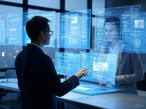 Two professionals interact with futuristic transparent screens displaying digital data in a modern office setting.