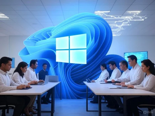 A group of professionals in a modern conference room with a large Windows logo projection on the wall.