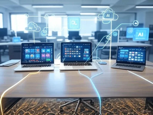 Three laptops display digital interfaces with AI and cloud icons, connected by virtual lines in a modern office. Three laptops display digital interfaces with AI and cloud icons, connected by virtual lines in a modern office.