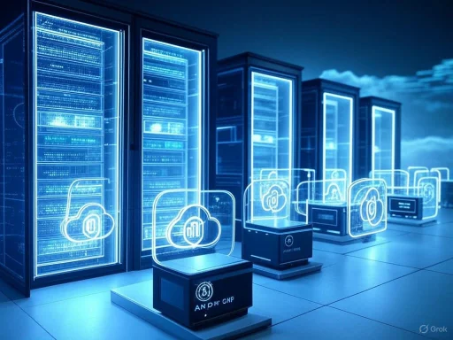Futuristic data servers with holographic cloud icons in a high-tech digital data center. Futuristic data servers with holographic cloud icons in a high-tech digital data center.