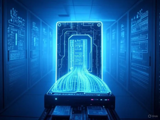 A futuristic digital data transfer process depicted inside a server room with glowing holographic elements.