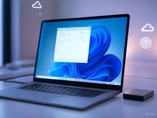 A sleek laptop on a desk displays a blue abstract background and an open window, with a small external device nearby.