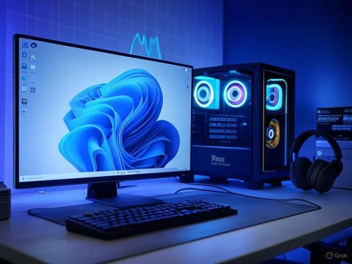 A gaming or high-performance computer setup with a monitor, CPU tower, headset, and glowing LED fans under blue lighting.