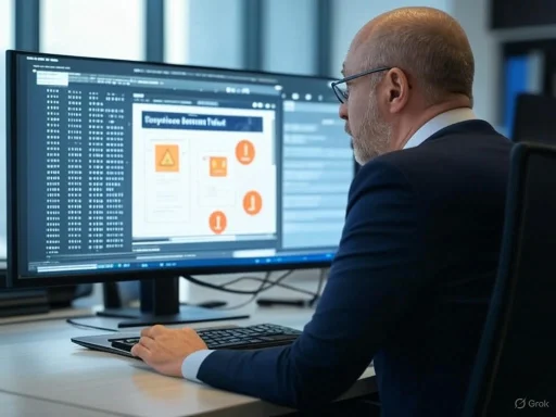 A man in a suit analyzing data and alerts on a large computer monitor at a workspace.