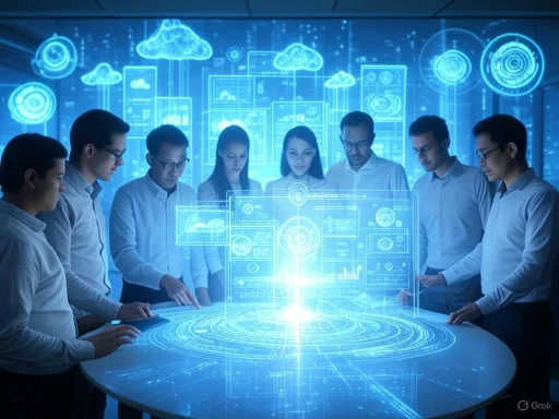 A group of professionals interacting with holographic digital data and futuristic UI elements in a high-tech environment.