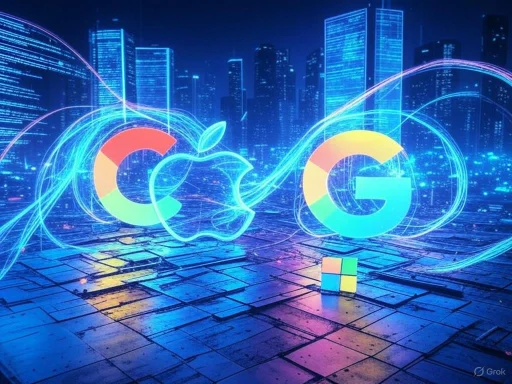 Digital art depicting the integration of Apple and Google with a cityscape background and vibrant neon light effects.