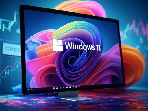 A computer monitor displaying the Windows 11 logo with colorful, swirling background graphics.