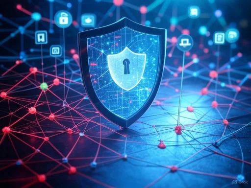 A digital shield with a lock symbol represents cybersecurity and data protection in a connected digital network.