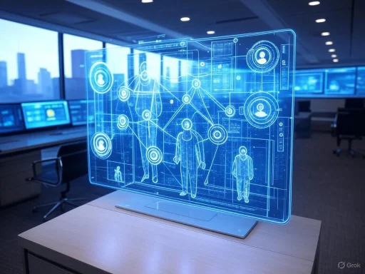 A high-tech digital interface displaying human body scans and data in a modern conference room.