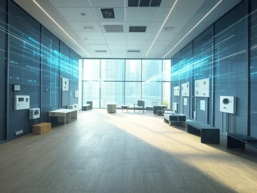 A modern, empty office lounge with large windows, seating, and digital displays on the walls.