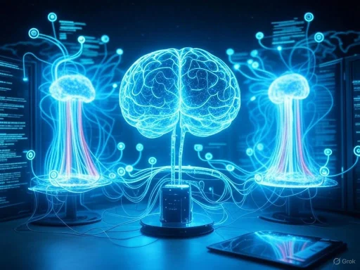 A digital illustration of the human brain connected to neural pathways, with holographic diagrams of the nervous system.