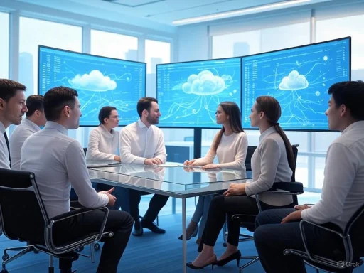 Team of professionals in a modern office discussing cloud computing on large screens.