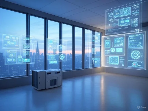 Futuristic office with holographic digital displays and a city skyline view at sunset. Futuristic office with holographic digital displays and a city skyline view at sunset.