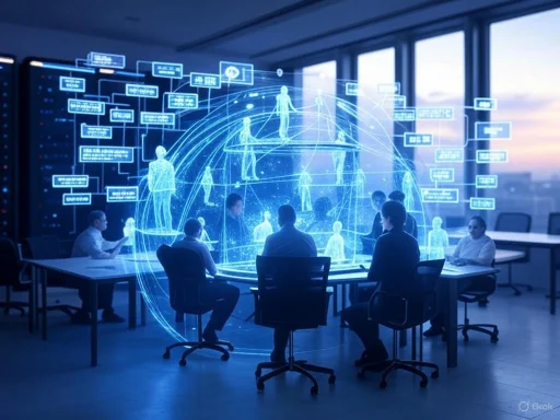 A futuristic meeting room with holographic digital avatars and data displays around a conference table.