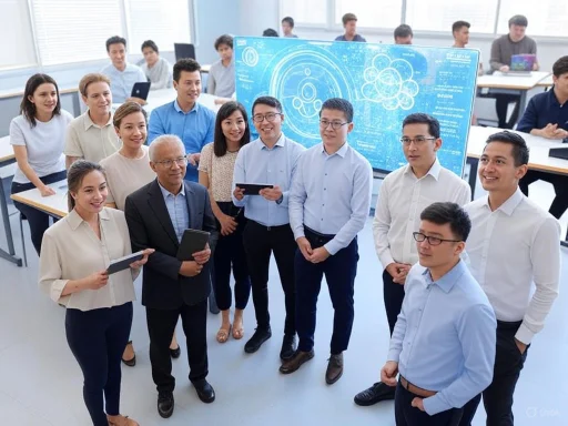 A diverse group of professionals is having a discussion in a modern conference room with a digital display.