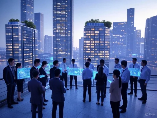 Business professionals gather on a rooftop with holographic displays against a city skyline at dusk.