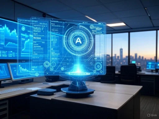 A futuristic AI data interface displayed in a high-rise office overlooking a city skyline.