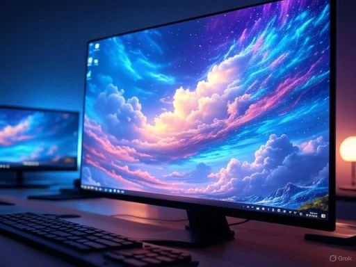 A high-resolution computer monitor displays a vibrant, colorful sky with clouds and starry patterns.