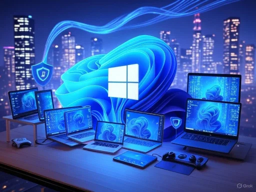 A futuristic setup with multiple Windows devices connected, symbolizing cybersecurity and cloud computing in a cityscape.