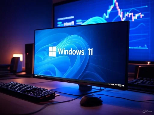 A computer monitor displays the Windows 11 logo in a dimly lit, tech-focused environment with charts on a large screen behind.