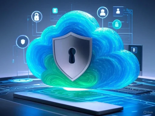 Cloud security with a shield and key icon representing data protection and cybersecurity.