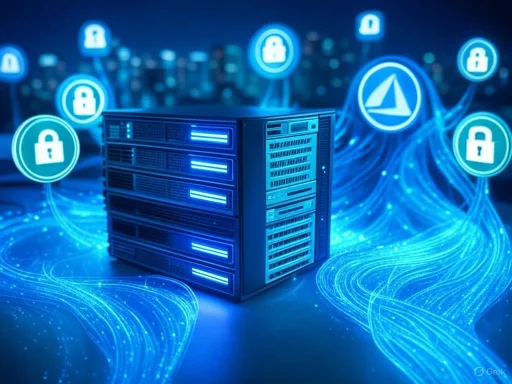 A data server surrounded by digital security icons and flowing lines representing cyber protection and connectivity.