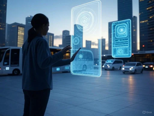 A woman interacts with holographic smartphone interface visuals in a cityscape at dusk. A woman interacts with holographic smartphone interface visuals in a cityscape at dusk.