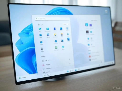 A computer monitor displaying the Windows 11 desktop with an open start menu on a wooden desk.