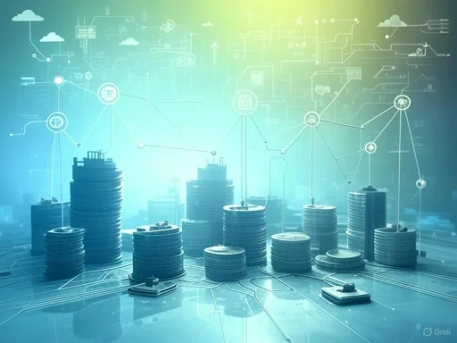 Stacks of coins overlaid with digital graphs and circuitry, symbolizing financial growth and technological integration.