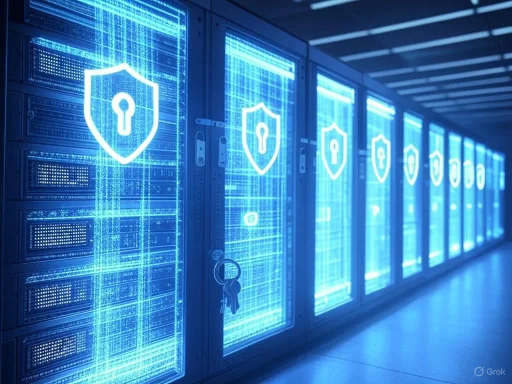 Server racks with digital security icons and a key hanging on the door in a data center.