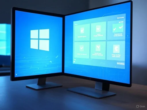 A dual-monitor setup featuring Windows operating system with bright blue screens displaying user interface backgrounds.