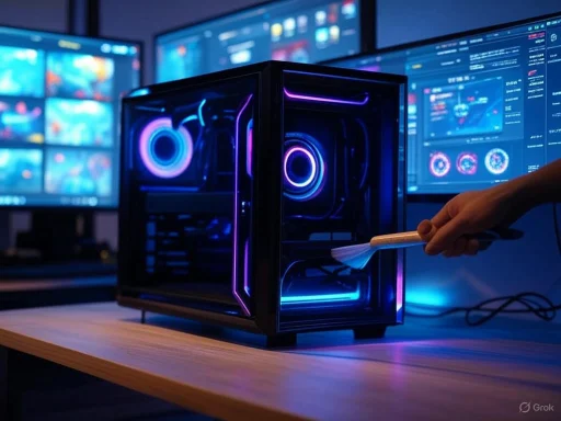 A person cleaning a glowing, high-tech computer case with a brush in front of multiple screens displaying data and graphics.