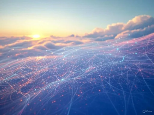 A digital network visualization over clouds and a sunset sky, depicting interconnected data points and pathways.