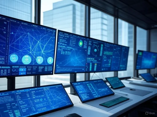 Multiple large screens display data and analytics in a modern, high-tech office environment.