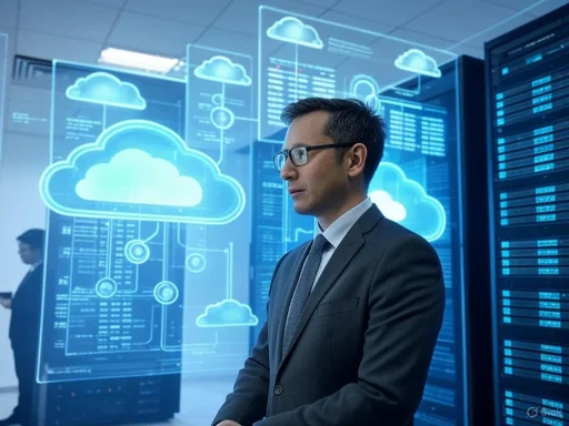 A businessman studying cloud computing technology in a high-tech data center.