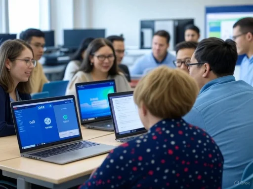 A diverse group of professionals collaborates in a modern office, working on laptops during a team meeting.