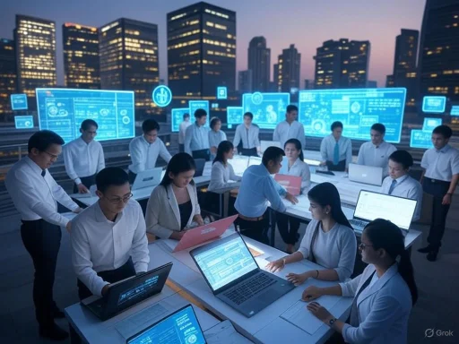 A group of professionals working with laptops and digital screens on a rooftop cityscape at dusk.