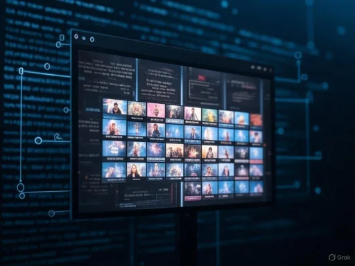 A computer screen displays a photo gallery with various images of a woman amidst technological digital graphics.