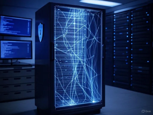 A secure server room with a glowing, illuminated data storage cabinet and multiple monitors displaying code.