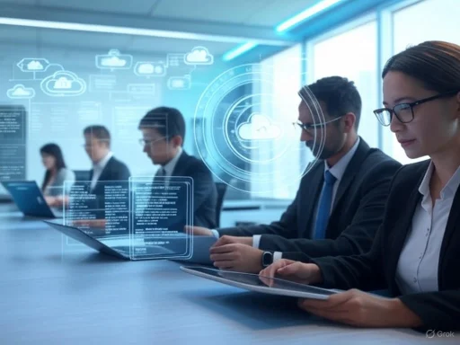 Business professionals using digital technology to access cloud computing services in a modern office.