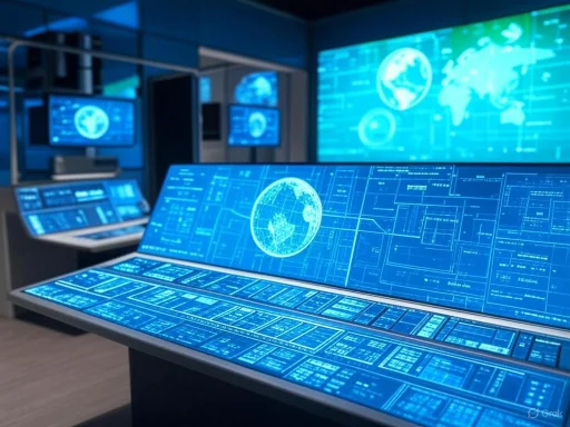 Futuristic control room with large digital screens displaying global data and information in blue.