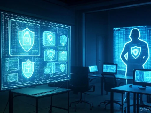 A high-tech cybersecurity room with digital shield icons on screens and a holographic figure of a person in a secure environment.