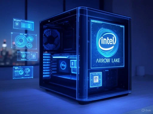 A futuristic PC case with digital holographic displays featuring Intel branding and system information.
