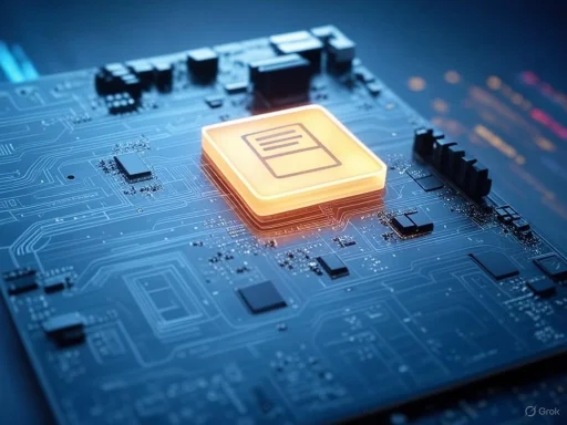 A close-up of a computer motherboard featuring a glowing microchip with a barcode icon.