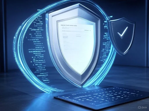Digital security concept with holographic shield and checkmark over a laptop screen.